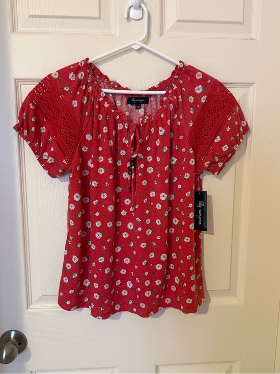 Lily Morgan Tops - Red Floral Peasant Top with Lace Yoke